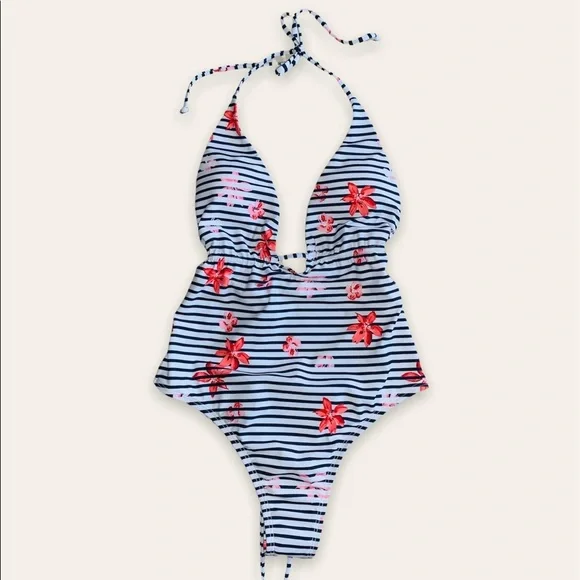 L Space Floral Bay Pamela Striped Halter Top One Piece Swimsuit Size 4 - Picture 3 of 8